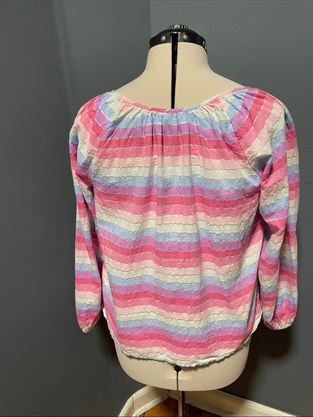 J. Crew Pink Multicolor Striped Tie-Front Peasant Top Size-Small NWOT - Picture 7 of 9